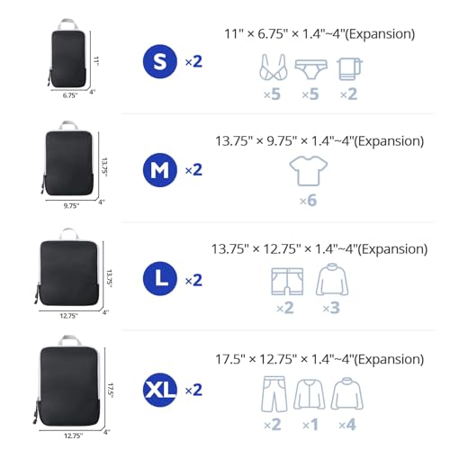 Compression Packing Cubes, 8 Set Packing Cubes for Travel Compression, Lightweight Compressible Package Organizer for Carry On and Suitcases, Black and Grey