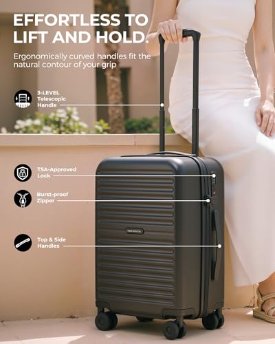LONG VACATION Luggage Sets, PC Lightweight Suitcase with Spinner wheels, 3 Piece Luggage Set with TSA Lock, Hard shell Suitcase Set, Checked Travel Suitcase (Black, 3 Piece Set)