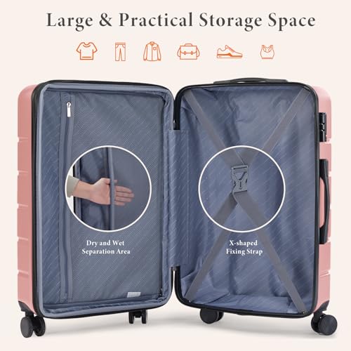 Sweetcrispy 20 Inch Carry On Luggage, Lightweight ABS Rolling Hard Shell Suitcase with Quiet Spinner Wheels, Built-in TSA Lock, Portable Travel Suitcase for Business Trip & Vacation Use, Pink
