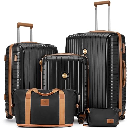 Joyway Luggage Sets 5 Piece PP Hardshell Carry on Suitcase, Travel Lightweight Carry-on with Double Spinner Wheels and TSA Lock, Black Brown