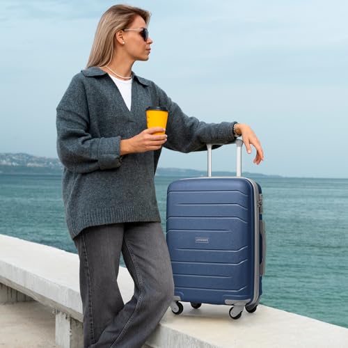 LARVENDER 3-Piece Carry On Luggage Set for Women,Hard Shell Suitcase 20Inch Carry On Luggage 22x14x9 Airline Approved, Spinner Wheel and TSA Lock（Navy 20Inch/DB/TB）