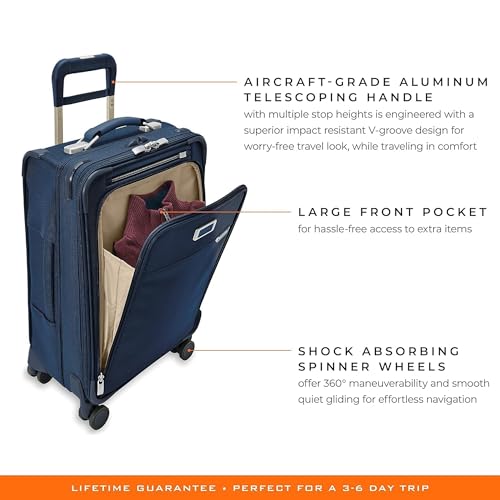 Briggs & Riley Essential 22" Carry On Expandable Spinner - Luggage for Travel, Suitcases with Wheels, Softside Rolling Bag for Men & Women, Self-Repairing Zipper - Baseline Collection, Navy