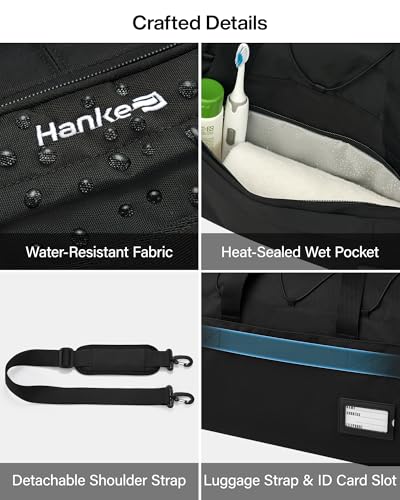 Hanke Duffle Bag for Travel, Dual Expandable 45L-55L Carry On Duffel, 3 In 1 Weekender Tote, Water Resistant Overnight Bag with 15.6" Compartment for Men Women, Black