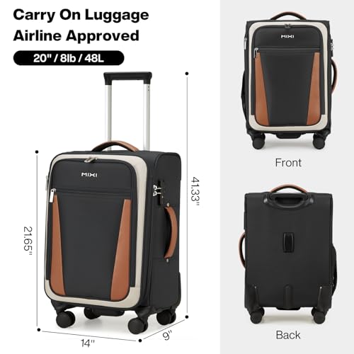 mixi Carry On Luggage 20 Inch Softside Expandable Suitcase with Front Pocket, 22x14x9 Airline Approved Rolling Lightweight Travel Suitcases with Wheels & TSA (Black-Off White)