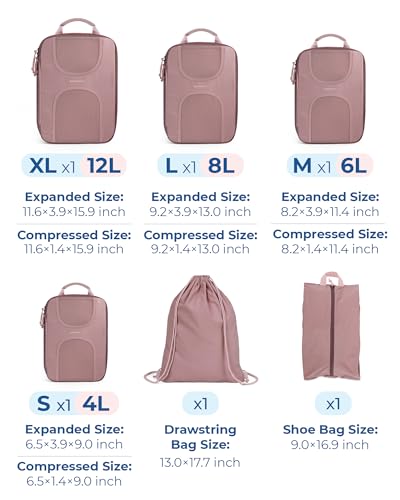 BAGSMART Compression Packing Cubes for Travel, 6 Set Packing Cubes for Suitcases, Lightweight Suitcases Organizers Bag Set & Compression Cubes, Travel Essentials Packing Organizers Dusty Pink