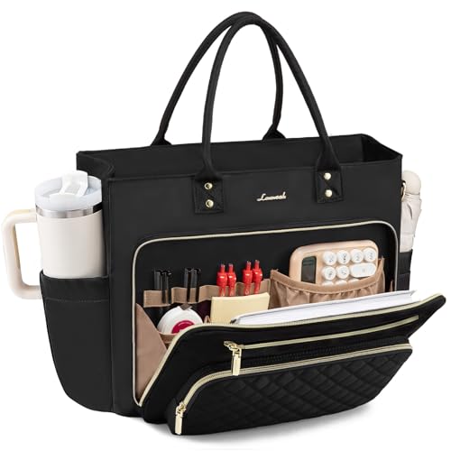 LOVEVOOK Teacher Tote Bag for Women Work, Laptop Bag Work Tote Bag Nurse Bags With Large Cup Holder, Professional Computer Briefcase Business Large Purses Handbag, Diaper Bag Mother Gift, Black