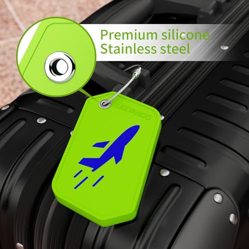 Leevanoo 4 Pack Silicone Luggage Tags, Privacy Protection, Flexible Durable with Stainless Steel Loop, Contact Info ID Card, Easy to Write & Spot for Suitcases, Backpacks, Travel Essentials(Green)