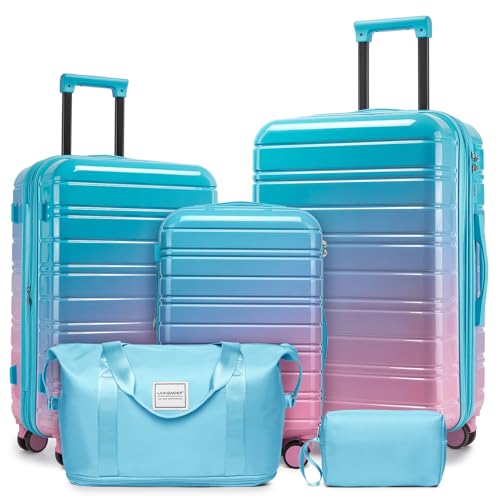 LARVENDER Luggage Sets 5 Piece Hardside Expandable Suitcase with Wheels Lock,PC+ABS Hardside Lightweight Rolling Suitcase for Women and Men,Cotton Candy