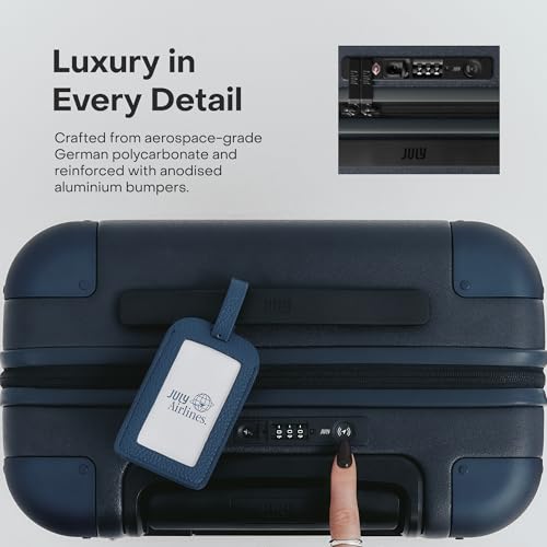 July Checked with CaseSafe - 24.5" Built in Tracking, Airline Approved Check In Luggage with Wheels, Spinner Suitcase for Men & Women - Rolling Suitcase, Spinner Wheels, Y-Strap - Navy