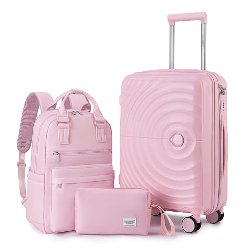 LARVENDER Carry On Luggage Set 22x14x9 Airline Approved, Expandable 20 Inch Carry-On Suitcases With Wheels, Lightweight Luggage Sets 3 Pieces With Backpack, Light Pink