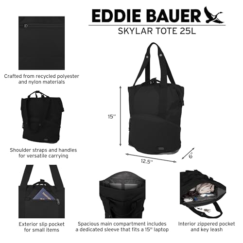 Eddie Bauer Skylar Tote Bag | Everyday Carry | Work | Travel | Laptop Sleeve | Mesh Side Pockets | Convertible | Top Handle | Adjustable | 25L Capacity - Black