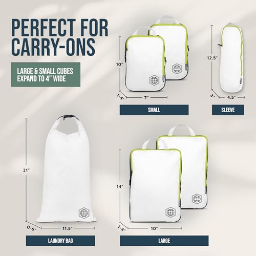 Compression Packing Cubes for Travel, 6-Piece Lightweight Packing Cubes Set for Carry-On Luggage & Backpacks – TRIPPED Travel Gear (White and Green)