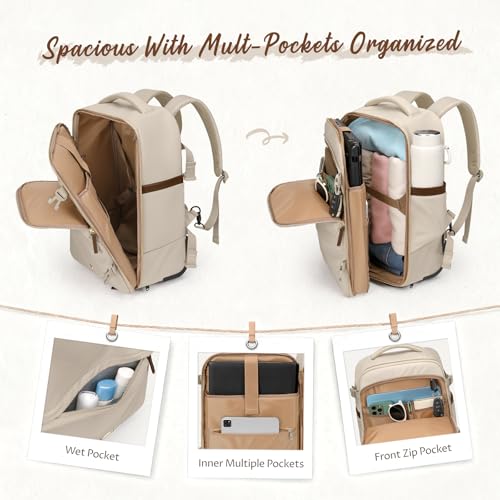GOLF SUPAGS Rolling Backpack for Women 17 Inch Convertible Travel Laptop Backpack with Wheels, 32L Carry On Business Luggage Daypack Water-Resistant Rolling Bag for Work Short Trips (Apricot)