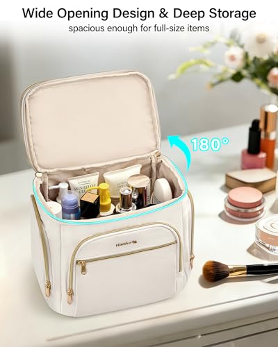 Hanke Large Toiletry Bag for Women Travel, Double Layer Organizer with Wide Opening for Full-Size Cosmetics & Toiletries, 12.2L Water-Resistant Makeup Bag,Off White