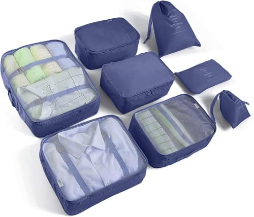 8 Set Packing Cubes for Suitcases Travel Luggage Packing Organizers,Travel Essentials Accessories Luggage Organizer with Shoe Bag Tioletry/Laundry Bag（Dark Blue）