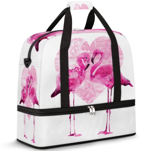 Couple Flamingo Foldable Travel Duffel Bag Tote Carry On Luggage Sports Gym Bag With Shoe Compartment For Woman Man Overnight Weekend Yoga Workout Training Handbag