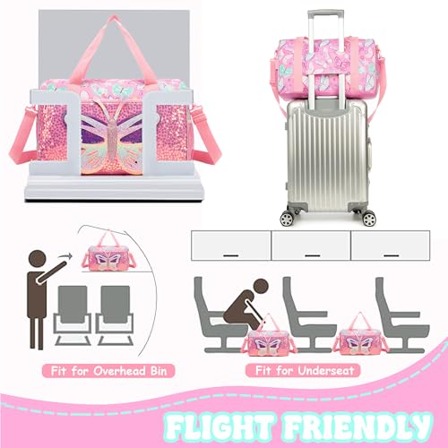 Homskiii Kids Pink Butterfly Luggage with Wheels Suitcases Travel Softside Suitcases 16" Carry on Suitcase with Duffle Bag Luggage Sets Airline Approved