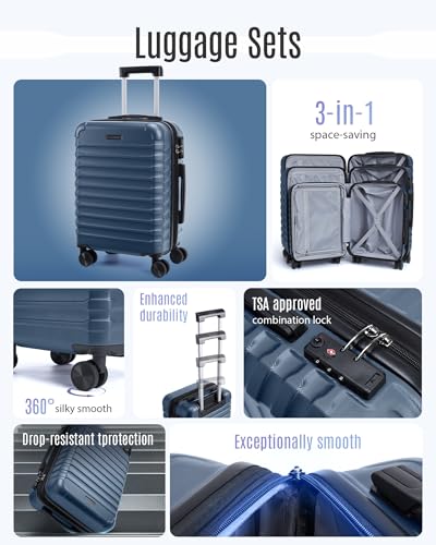 LIGHT FLIGHT Luggage Sets, 3 Piece Durable Suitcase Set with Spinner Wheels, 3 Pcs Hard Shell Lightweight Luggage with TSA Lock, Large Checked Travel Suitcases, 20/24/28 Inch, Royal Blue