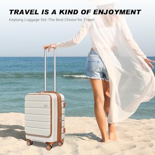 KEYTANG Explorer 20 Inch Carry On - Hardshell Suitcases with Front Pocket, White Brown