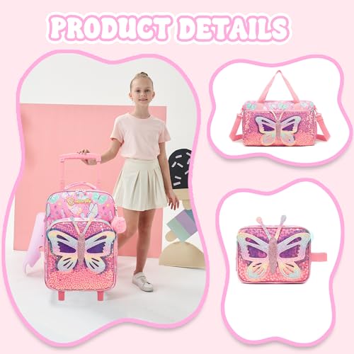 Homskiii Kids Pink Butterfly Luggage with Wheels Suitcases Travel Softside Suitcases 16" Carry on Suitcase with Duffle Bag Luggage Sets Airline Approved