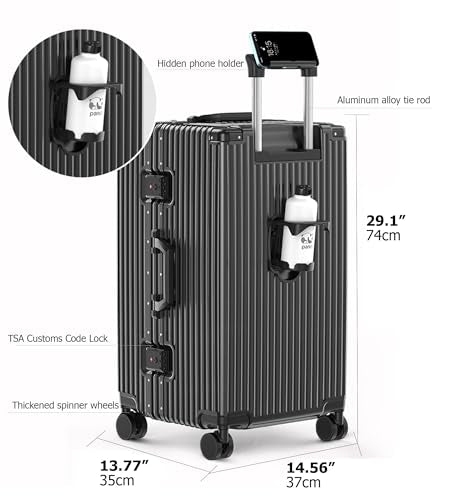 feilario 29in Super Large Captain Aluminum Frame Hardside Spinner Wheels Luggage, Removable Wheels Zipperless Checked Suitcase with Cup Holder/Phone Holder (Jet Black,29in)