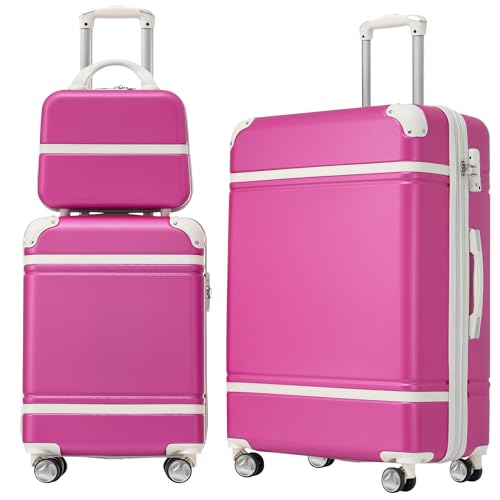 Merax Hard Shell Luggage Set, 3 Pieces 20”+24”Luggage and Cosmetic Case, Lightweight Suitcase with Spinner Wheels and TSA Lock, Pink