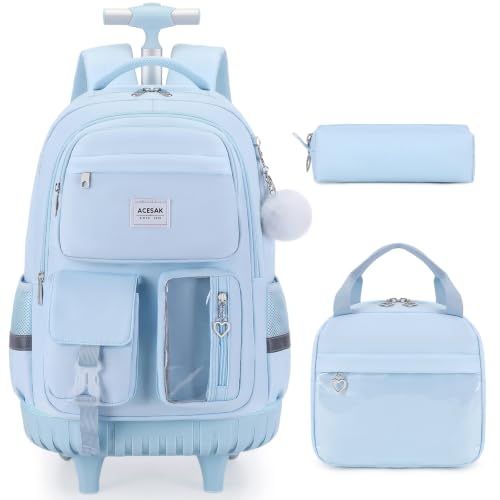 ACESAK Rolling Backpack for Girls, Roller Backpack with Lunch Bag & Pencil Pouch for Teen Girls Kids, Bookbag Backpack with Wheels for Women Elementary Middle High School Travel (Blue)