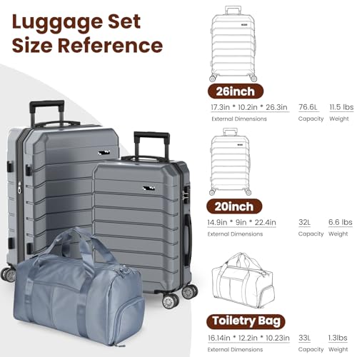 ExoRoute Luggage Sets 3 Piece, Hardside Carry On Suitcase with Spinner Wheels, Lightweight Durable Luggage for Travel | TSA Lock, Expandable Suitcase Set for Men and Women（20/26in） (Grey)