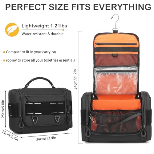 BISKLNDN Tactical Toiletry Bag for Men, Hanging Dropp Kit Mens Toiletry Travel Bag for Toiletries, Traveling & Shaving Kit, Hygiene Bag Shower Bathroom Organizer with Handle & Swivel Hook, Black