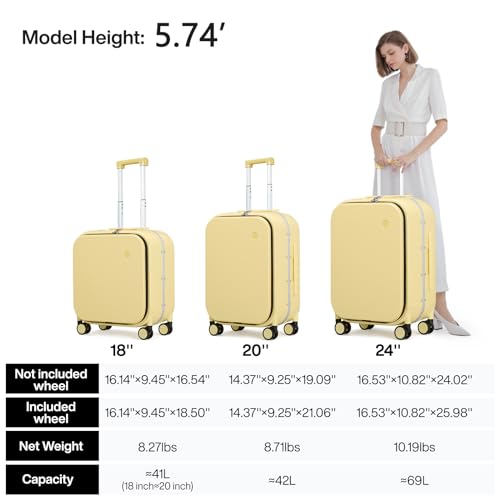 mixi Carry On Luggage, 20'' Suitcase with Front Pocket, Travel Rolling Luggage Aluminum Frame PC Hardside with Spinner Wheels & TSA Lock and Cover - Lark Yellow