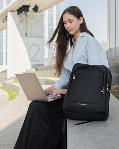 LIGHT FLIGHT Travel Backpack for Women, 15.6 Inch Laptop Backpack with USB Charging Hole, Water Resistant College Bookbag, Large Capacity Black Computer Backpacks for Work, Black