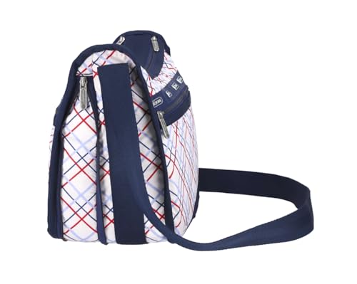 LeSportsac Modern Tattersall Deluxe Everyday Crossbody Bag + Cosmetic Bag, Style 7507/Color E839, Classic Navy & Bold Red Unite on Crisp White Bag, Modern Lilac Accent, Fun Interpretative Tartan Plaid