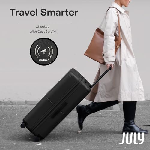 July Checked with CaseSafe - 24.5" Built in Tracking, Airline Approved Check In Luggage with Wheels, Spinner Suitcase for Men & Women - Rolling Suitcase, Spinner Wheels, Y-Strap - Charcoal