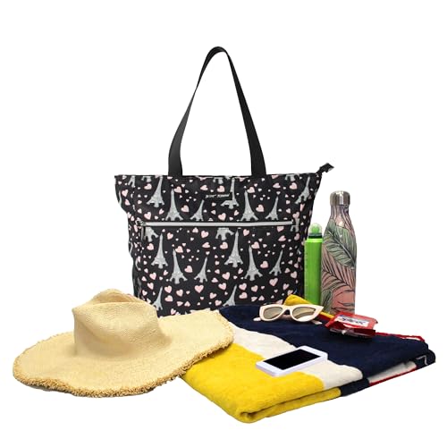 Betsey Johnson 15.6 Inch Zipper Beach Tote Bag with Cosmetic Pouch Lightweight Large Durable Polyester with Mesh Side Pockets for Gym Work, Paris Love