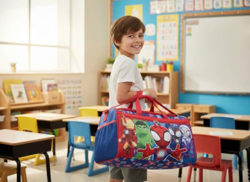 Marvel Spidey and Friends Kids Duffle Bag 16.5" – Travel & Sports Bag with Zipper Pocket, Mesh Sides & Strap