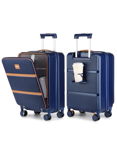 Joyway Carry on Luggage Airline Approved with Front Pocket, Hardside 20 Inch Travel Luggages with Cup Holder, Carry-on Suitcase with Spinner Wheels for Men and Women (Blue, 20 Inch)
