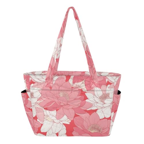 tplaotee Tote Pool Bag Everyday Shoulder Bag for Travel & Beach Weekend Getaway with Pockets Peach Water Lily Flower Bloom