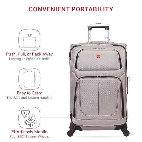 SWISSGEAR Sion Softside Expandable Spinner Luggage Durable Lightweight Travel Suitcase, Pewter, Checked-Medium