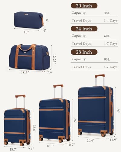 LONG VACATION Luggage Sets 5 Piece, Suitcases With Wheels, PC+ABS Hardshell Luggage Set with Spinner Wheels, TSA Lock (Navy Brown)
