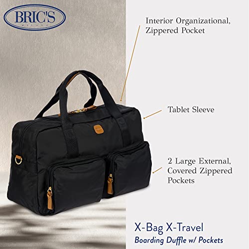 Bric’s X-Bag 18-Inch Cargo Carry-On Duffle, Water-Resistant Satin Nylon Travel Bag with Leather Handles, Laptop Sleeve, Front Zip Pockets and Luggage Pass-Through - Black