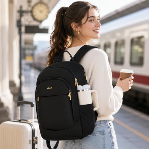 LOVEVOOK Travel Backpack for Women, 17.3 Laptop Backpack Women w/Large Tumbler Pockets, Water Resistant College Bookbag, Large Capacity Black Computer Backpacks for Work, Black