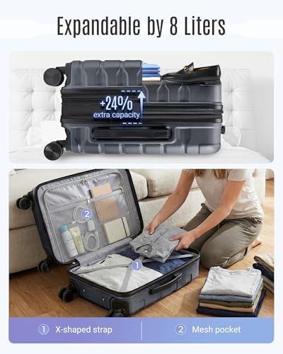 LIGHT FLIGHT Carry On Luggage 22x14x9 Airline Approved, Expandable Carry On Suitcases with Wheels, Lightweight Luggage, Durable Hard Shell 20 Inch Rolling Suit Case for Men Women Travel, Gray