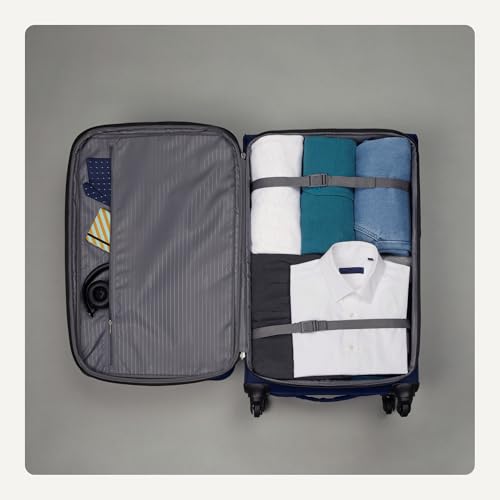 Amazon Basics 28" Large Checked Softside Expandable Suitcase with 360-Degree Multi-directional Spinner Wheels, Zippered Pockets, Telescoping Handle, Spacious, Navy Blue