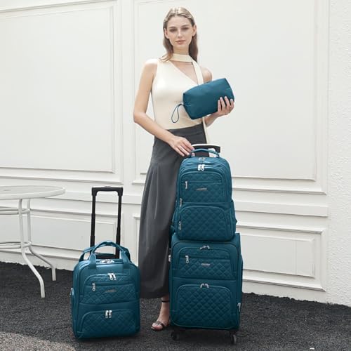 LARVENDER 3 Piece Luggage Set with Spinner Wheels - Expandable Softside 20 Inch Carry On Suitcase 22x14x9 Airline Approved,TSA Lock, Blue