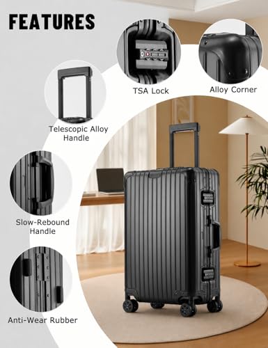 Aivens 20 Inch Carry On Suitcase, Airline Approved Hard Shell Carry-on Luggage, Full Aluminum Zipperless Suitcase with 360° Wheels & TSA Lock for Weekend Getaways & Short Travel (Black)