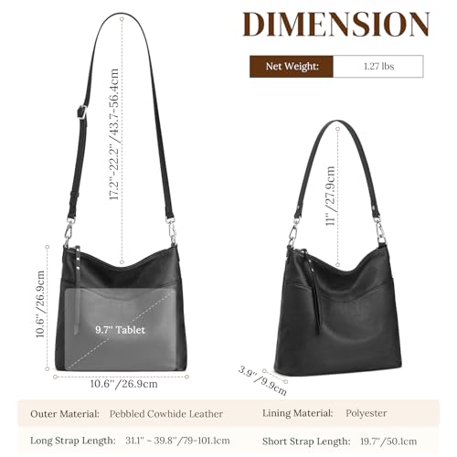 S-ZONE Leather Tote Bag for Women Medium Crossbody Handbags Shoulder Hobo Purse with 2 Removable Straps, Black