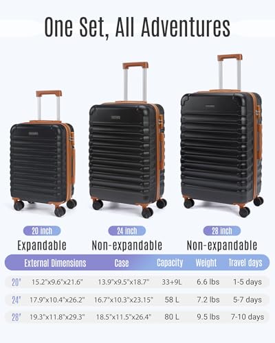 LIGHT FLIGHT Luggage Sets, 3 Piece Durable Suitcase Set with Spinner Wheels, 3 Pcs Hardside Lightweight luggage with TSA Lock, Large Checked Travel Suitcases, 20/24/28 Inch,Black/Brown