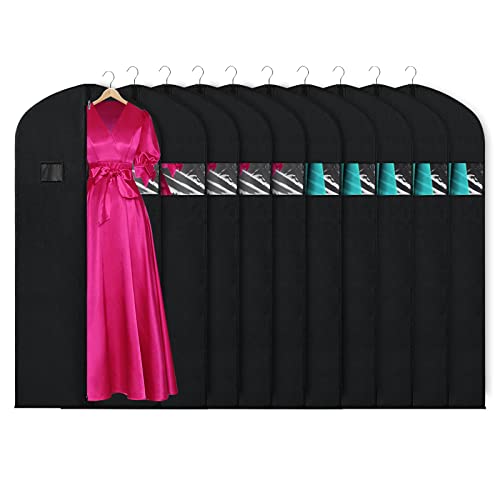 KEEGH Garment Bags for Hanging Clothes 60" (Set of 10) Dress Bags for Gowns Long Dress Bags for Closet Storage with Zipper and Eye-Hole for Folding for Suit Coats Dresses, Black