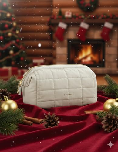BAGSMART Makeup Bag Cosmetic Bag Wide Open, Beige, M, Wide-open Travel Makeup Bag With Puffy Padded and Rectangular Quilted