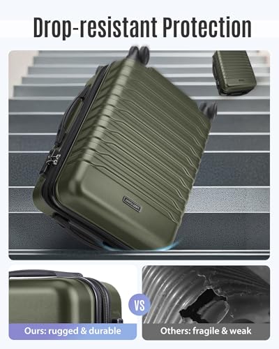 LIGHT FLIGHT Expandable Carry On Luggage 22x14x9 Airline Approved with Double Spinner Wheels, 20 Inch Lightweight Hard Shell Rolling Suitcases with TSA Lock, Olive
